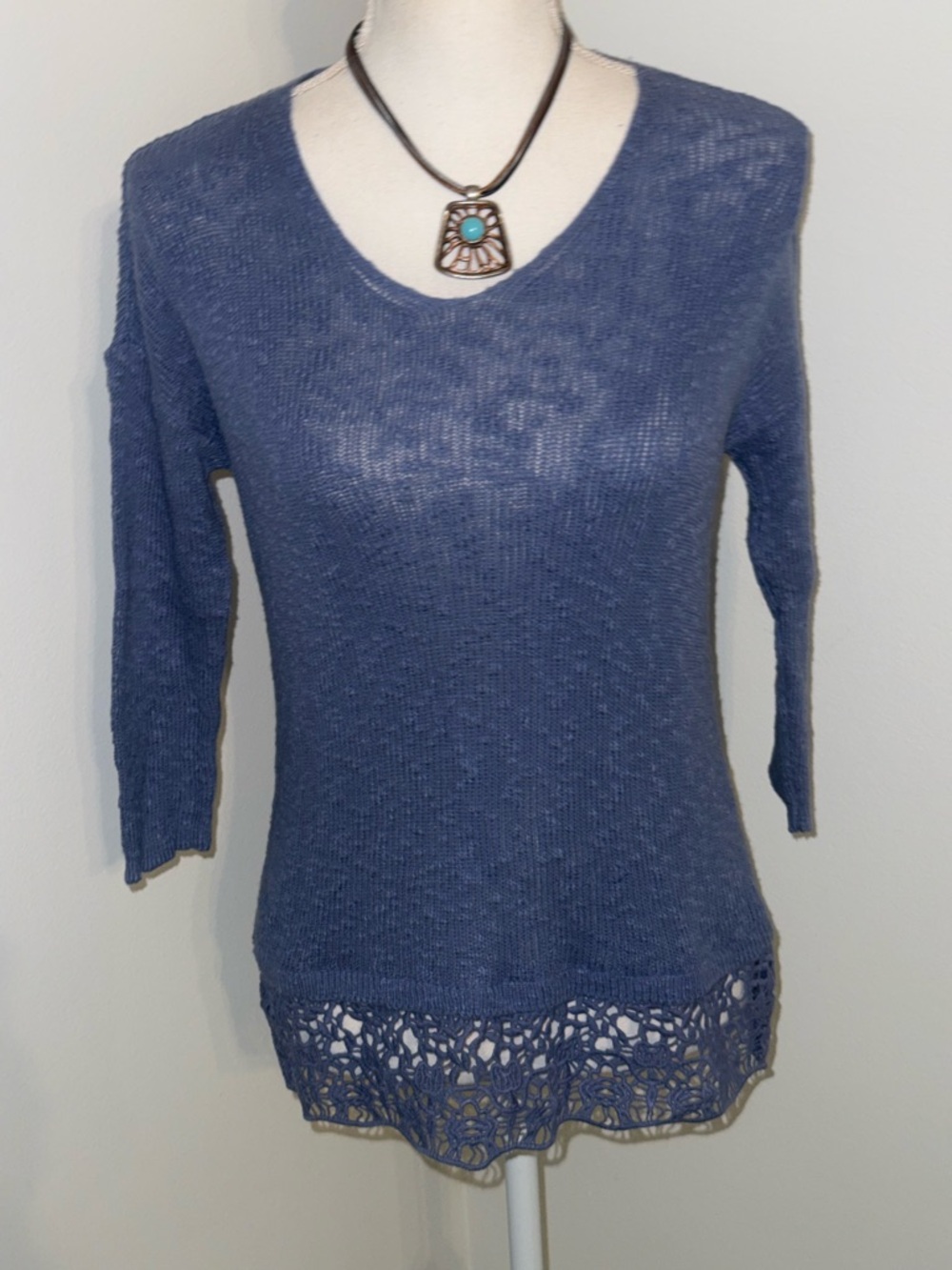 LOFT Blue Scoop Neck Lightweight Crochet-Hem Sweater